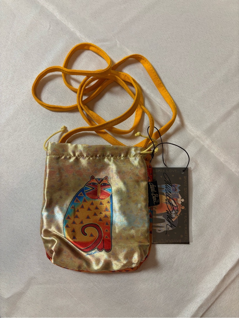 Laurel Burch Drawstring Cat Print Crossbody Bag in Yellow&Orange